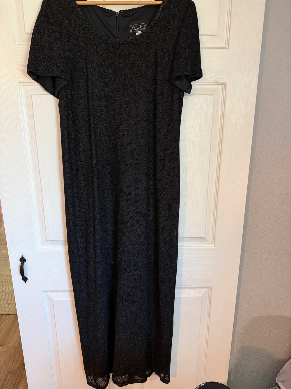 Alex Evenings Black Lace Maxi Dress with Short Sleeves